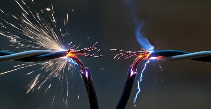 Intense short circuit sparking with electrical fire from damaged power cable wires