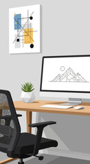 A modern workspace featuring a computer with a mountain scene, a geometric art piece, and a small potted plant.
