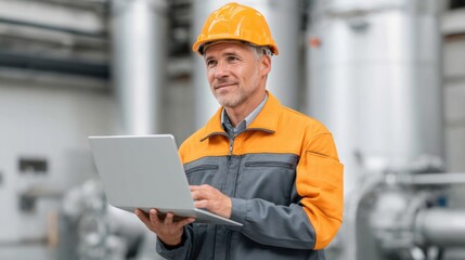 Skilled male engineer in safety helmet using laptop in industrial setting, focused on project management and productivity in manufacturing environment
