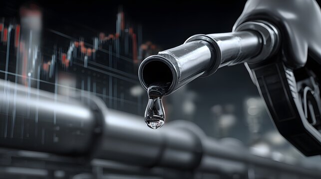 Close-up of a gas pump nozzle with a drop of fuel, blurred background with financial stock chart, energy and petroleum industry concept.