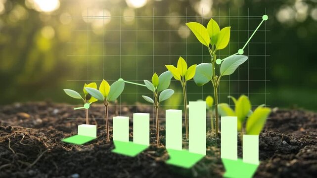 Sustainable Growth: Young plants thrive amidst an illustrative graph representing economic prosperity, symbolizing growth, development and nature's contribution to a flourishing future.