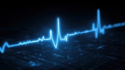 A luminous blue electrocardiogram (ECG) trace displays a steady heartbeat rhythm across a dark blue digital grid, symbolizing health and medical technology
