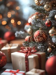 Festive Christmas Tree Adorned with Colorful Ornaments and Wrapped Gifts on Wooden Table with Blurred Background