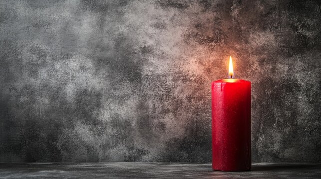 Festive Christmas Panorama Banner with Burning Red Advent Candle on Grey Background and Copy Space - Powered by Adobe