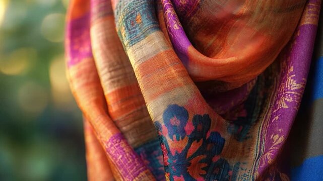 A colorful scarf hanging from a clothes rack