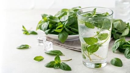 Refreshing glass of holy basil water , Tulsi, Ocimum tenuiflorum, hydration, drink, herbal, wellness, healthy, summer, detox