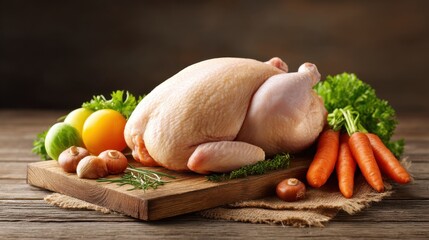 Fresh Whole Chicken Surrounded by Colorful Vegetables on Wooden Cutting Board in Rustic Kitchen Setting