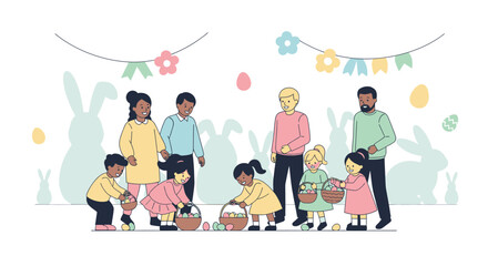 Fototapeta premium A group of diverse children and adults gather Easter eggs in baskets, with bunny silhouettes and festive decorations in the background.