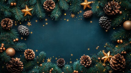 Festive Holiday Banner with Pinecones Fir Branches and Small Gold Stars on Dark Green Background