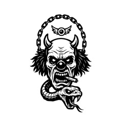 Clone Demon head with snake and chain in tribal illustration style. flying winged eyeball. smoking clown cartoon