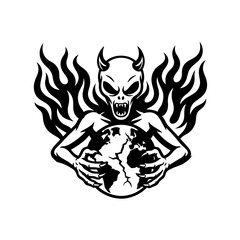 Alien Devil with Flaming Earth. Cute Alien devil