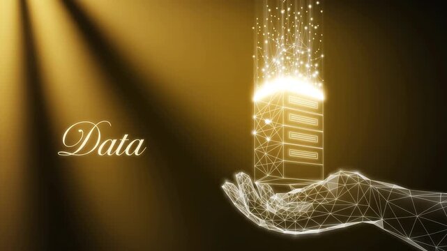 Data Empowerment: A digital hand delicately cradles a stylized data server, releasing a cascade of luminescent particles in a radiant display of technological sophistication. - Powered by Adobe