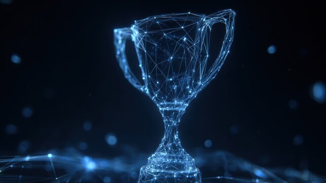 A sleek, futuristic champion trophy cup, rendered in glowing blue wireframe lines, against a dark, tech