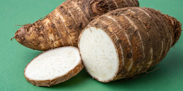 Closeup of taro root vegetable, eddo malanga, on a green background, taro, root vegetable, eddo, malanga, closeup, food