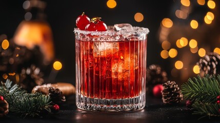 Festive Holiday Cocktail Glass with Colorful Garnishes on Dark Background Softly Illuminated