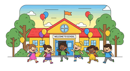 Obraz premium Children joyfully run towards a school building decorated with balloons, signaling the start of the school year.