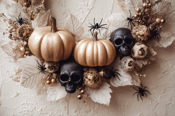 A decorative Halloween wreath features gold pumpkins, black skulls, and delicate leaves, creating a spooky yet elegant autumnal display.