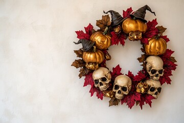 A decorative Halloween wreath, featuring small pumpkins, skulls, and autumnal leaves, adorns a light beige wall.