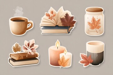 Autumn comfort sticker set featuring hot drinks, books, burning candles, and maple leaves, creating a cozy fall atmosphere