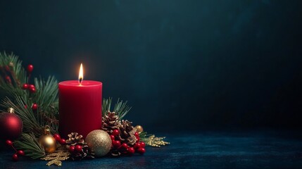 Red Advent Candle Surrounded by Christmas Decorations on Dark Blue Background for First Sunday Greeting Card