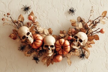 An autumnal Halloween wreath with decorative skulls, pumpkins, and leaves adorns a textured wall.