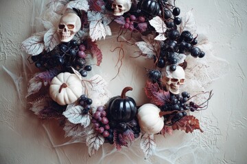 A decorative Halloween wreath features skulls, pumpkins, and dark purple grapes, set against a light beige background with cobwebs.