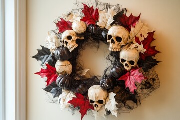 A decorative wreath, adorned with skulls, red and white leaves, and small pumpkins, creates a spooky Halloween ambiance.