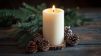 Rustic Wooden Surface with Advent Candle Surrounded by Natural Christmas Branches and Pine Cones