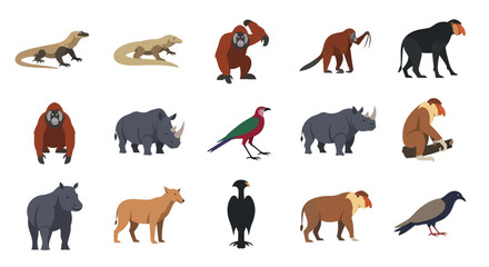 Fototapeta premium Collection of diverse wild animals and birds depicted in a flat illustration style.