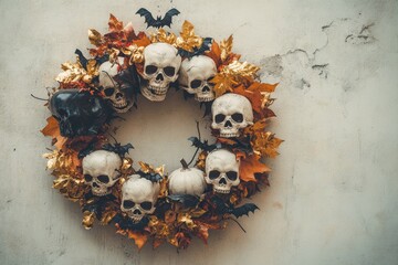 A decorative Halloween wreath, featuring skulls, autumn leaves, and bats, adorns a light gray wall.
