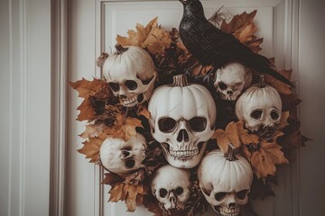 A decorative autumnal wreath featuring skulls and pumpkins, adorned with autumn leaves and a raven, creates a spooky yet beautiful Halloween display.