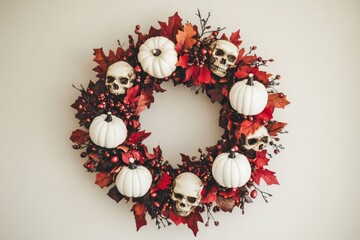 A circular Halloween wreath, adorned with decorative skulls, pumpkins, and autumn leaves, creates a festive fall decor.