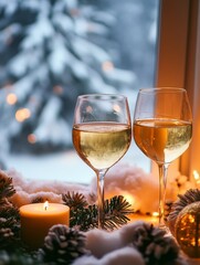 Two glasses of white wine on wooden table surrounded by Christmas ornaments and lit candles in cozy setting
