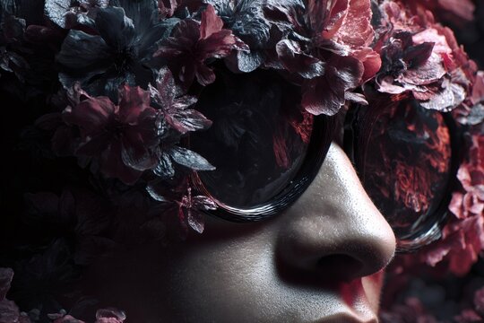 Close up of a being wearing dark round glasses adorned with red and blue textured flowers, creating a mysterious, futuristic aesthetic