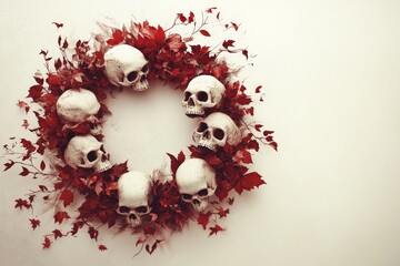 A circular wreath of skulls and red leaves, arranged against a light beige background, creates a captivating and eerie Halloween aesthetic.