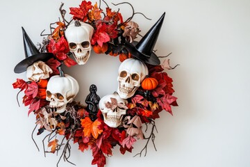 A festive Halloween wreath displays white skulls, orange pumpkins, and dark leaves, creating a spooky autumnal charm.