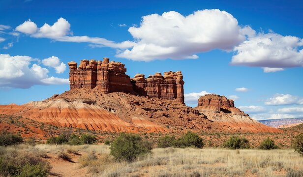 Capitol Reef State Park featuring red rock formations with blue sky desert landscape green shrubs and sandstone formations resembling churro or elephant trunk showcasing natural beauty