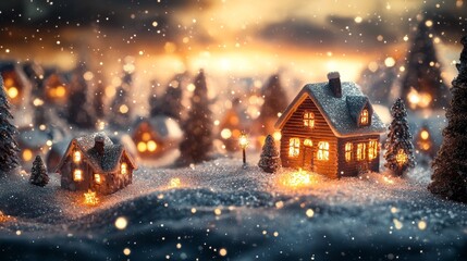 Fototapeta premium Winter Panorama Featuring Wooden Houses with String Lights in Snowy Cold Landscape and Glowing Golden Accents