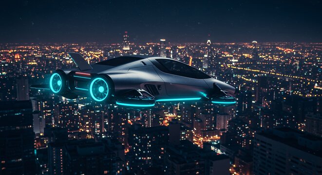 Futuristic vehicle flying above illuminated cityscape nighttime aerial view concept