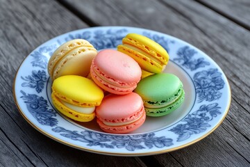 Fototapeta premium Colorful macarons on vintage plate close-up view of pastel-colored French macarons in blue white patterned ceramic dish on wooden table