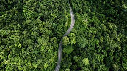 Aerial view of a road in the middle of the forest , road curve construction up to mountain