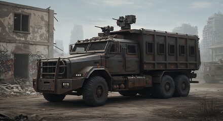 Military truck vehicle armored heavy duty transportation in urban setting