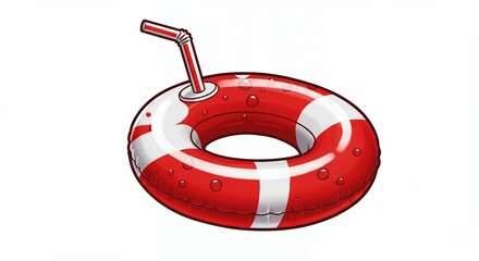 Red and white life ring with straw isolated on white background
