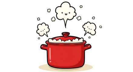 Red cooking pot with steam cartoon illustration for culinary or food related design