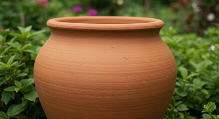 Rustic terracotta pot against green foliage background