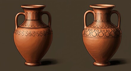 Two brown pottery vessels with ornate design on dark background