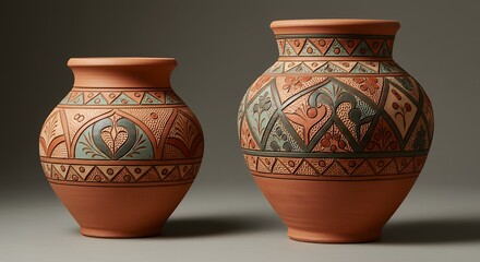 Two ceramic vases with decorative patterns against neutral backdrop