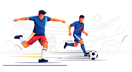 Two soccer players in action, one kicking the ball, the other running with it.