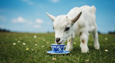 Young goat drinking from a cup outdoors on a sunny day