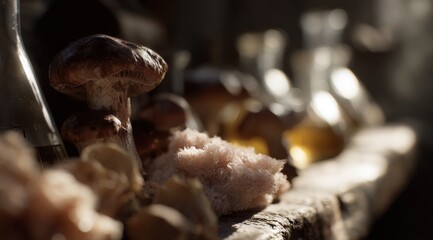 Rustic mushrooms and apothecary bottles, warm cinematic still life.